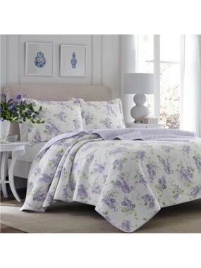 Laura Ashley Keighley Full/Queen Purple Floral Reversible 3 Pc Quilt Set NWT